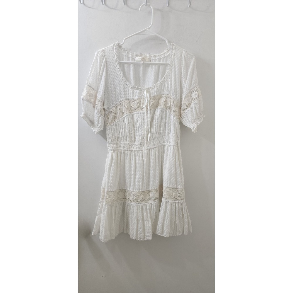 LoveShackFancy White Swiss Dot Cotton Lace Mini Dress Smocked Waist Size S